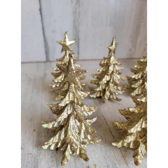 Gold pine tree figure glitter Xmas‎ village forest set unique home decor - Picture 6 of 7